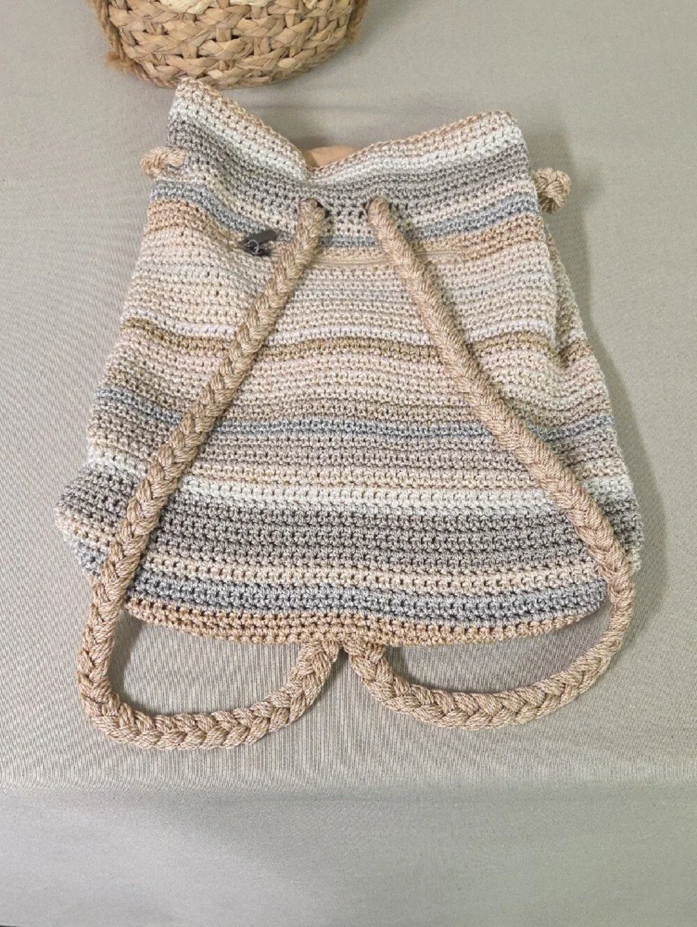 The Sak Dylan Crochet Drawstring Bucket Backpack Bag Neutral Large Size